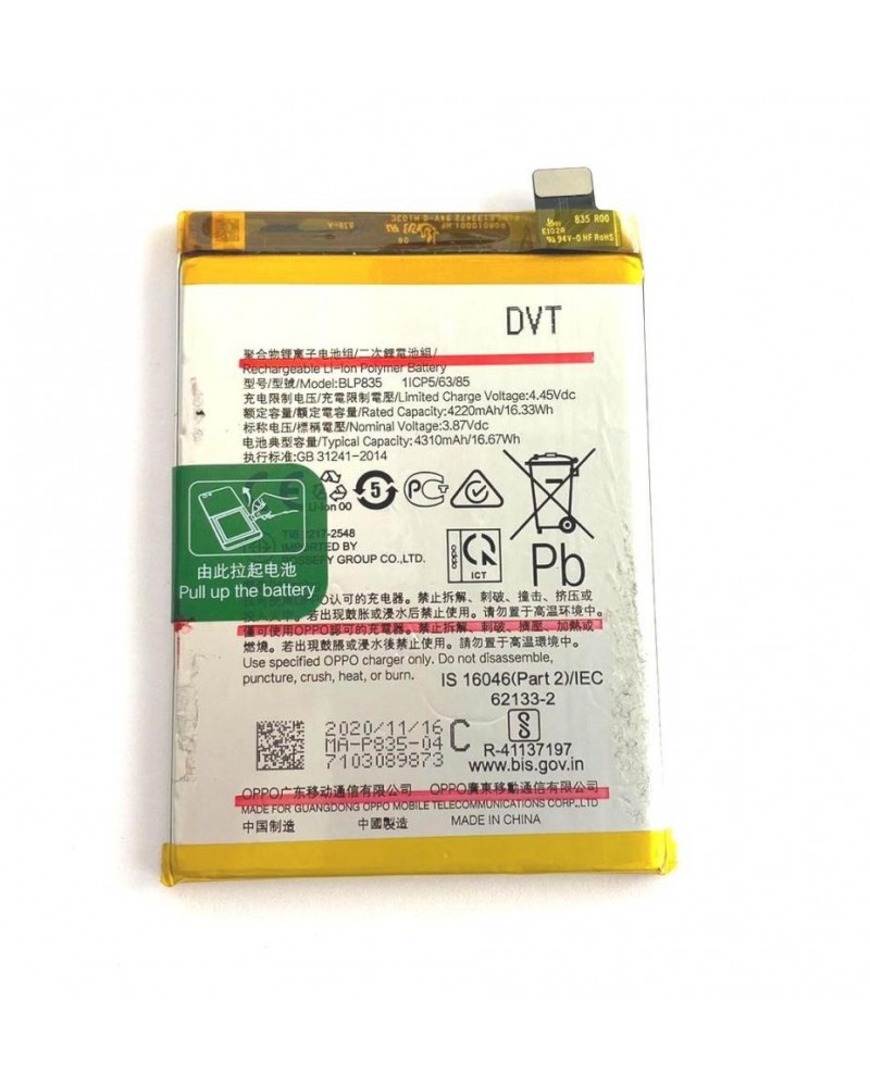 Bateria BLP835 para Oppo Reno5 F / Reno5 Lite / A94 4G / F19 Pro 4310mAh Bateria amovível