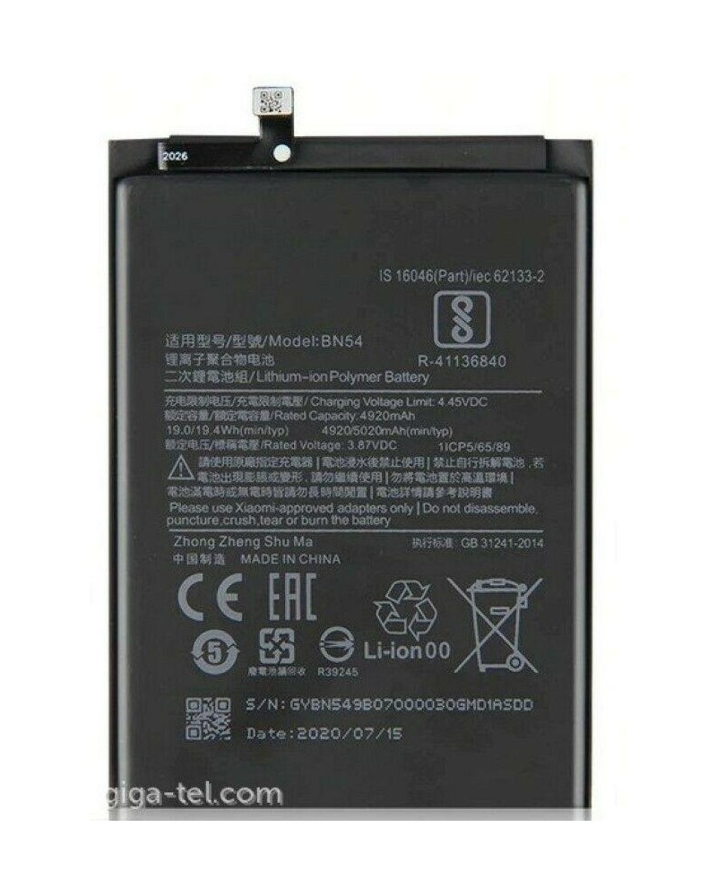 Bateria BN54 para Xiaomi Redmi 9 Redmi Note 9 Redmi 10X - 5020mah Service Pack